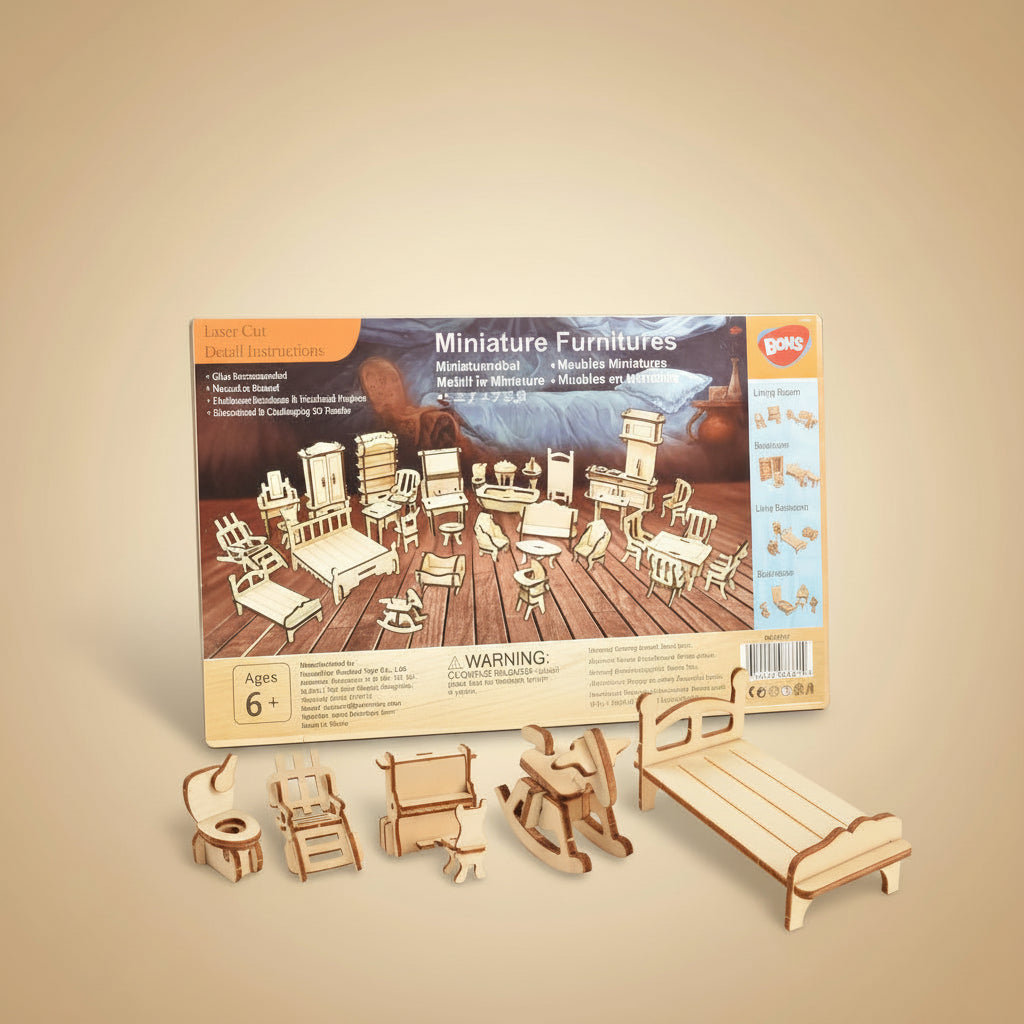 Bilingual Bedtime 3D Wooden Dollhouse Furniture Puzzle – 34pc Set