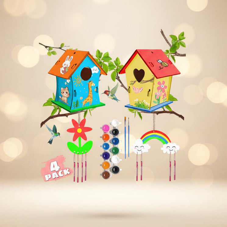 Bilingual Family DIY Wooden Birdhouse & Wind Chime Craft Kit – 4-Pack Bundle Set