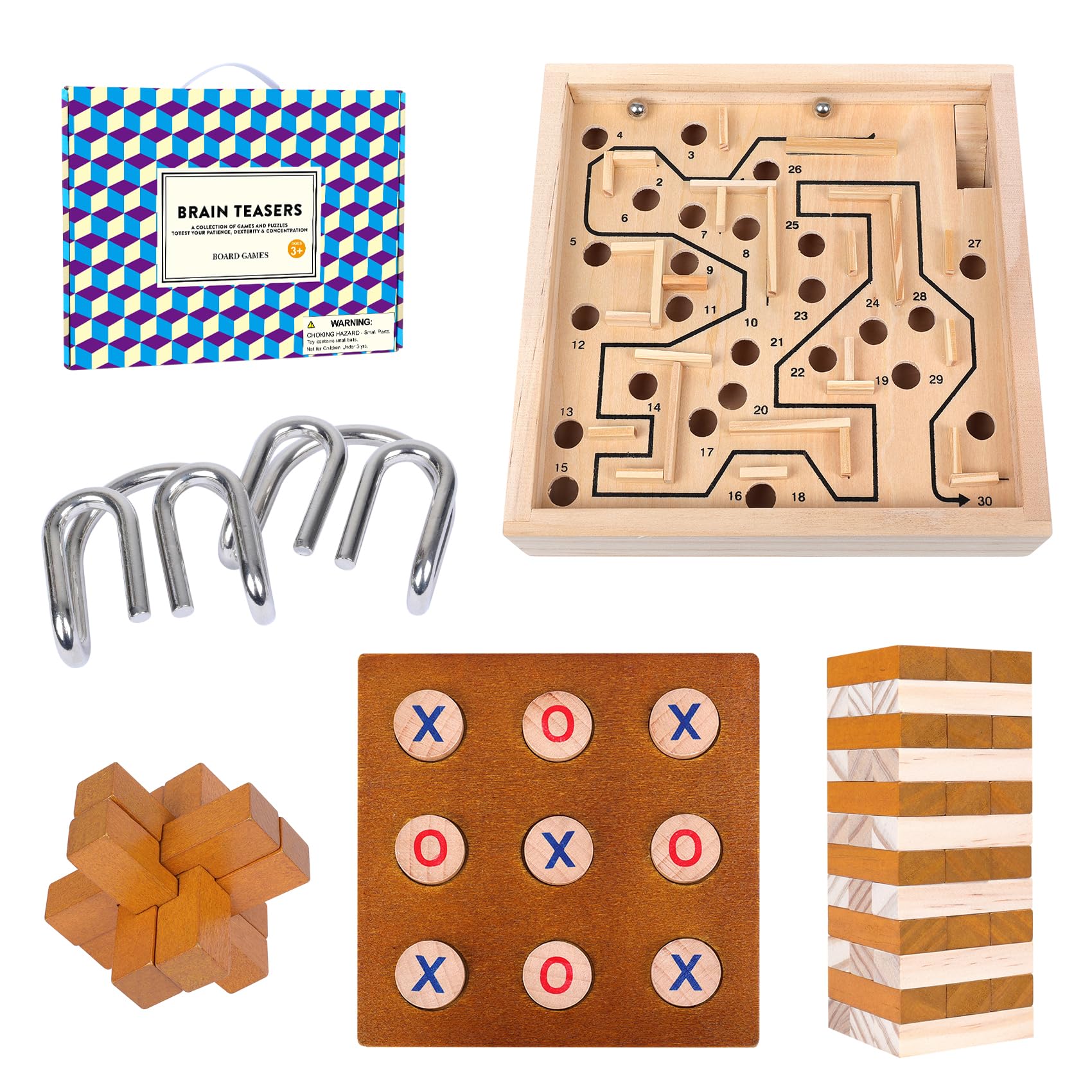 Our Family Legacy 5-in-1 Wooden Brain Teaser & Tabletop Game Set