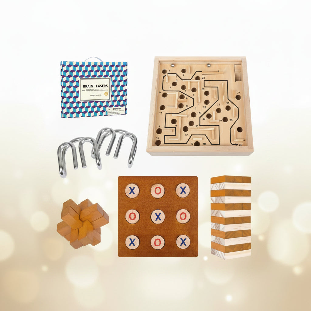 Our Family Legacy 5-in-1 Wooden Brain Teaser & Tabletop Game Set
