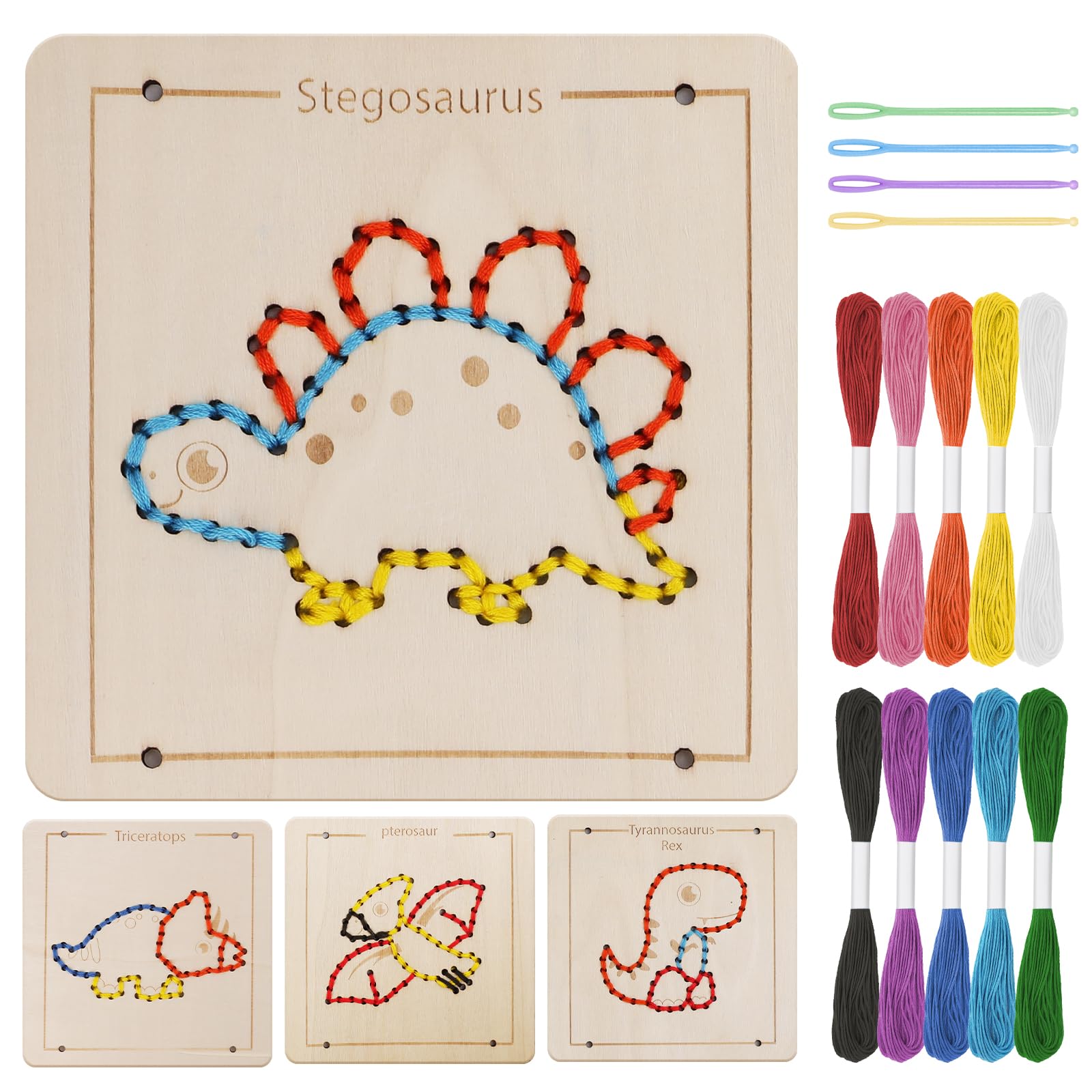 Bilingual Bedtime Wooden Dinosaur Lacing & Threading Kit – 4pc Montessori Set