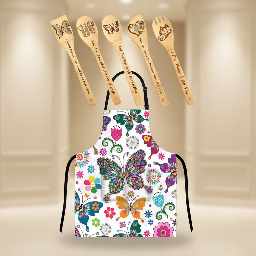 Abuela's Kitchen Deluxe Butterfly Apron & Laser-Etched Bamboo Spoon Set