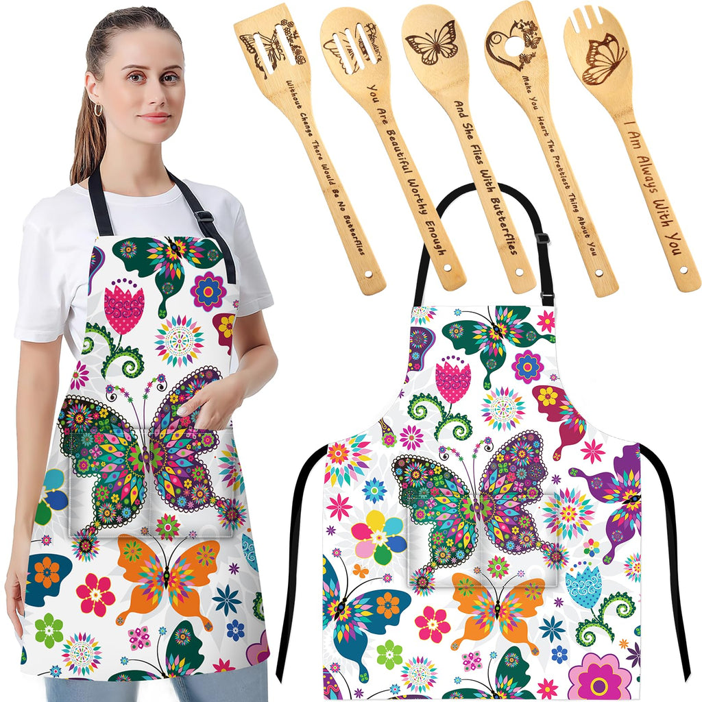 Abuela's Kitchen Deluxe Butterfly Apron & Laser-Etched Bamboo Spoon Set