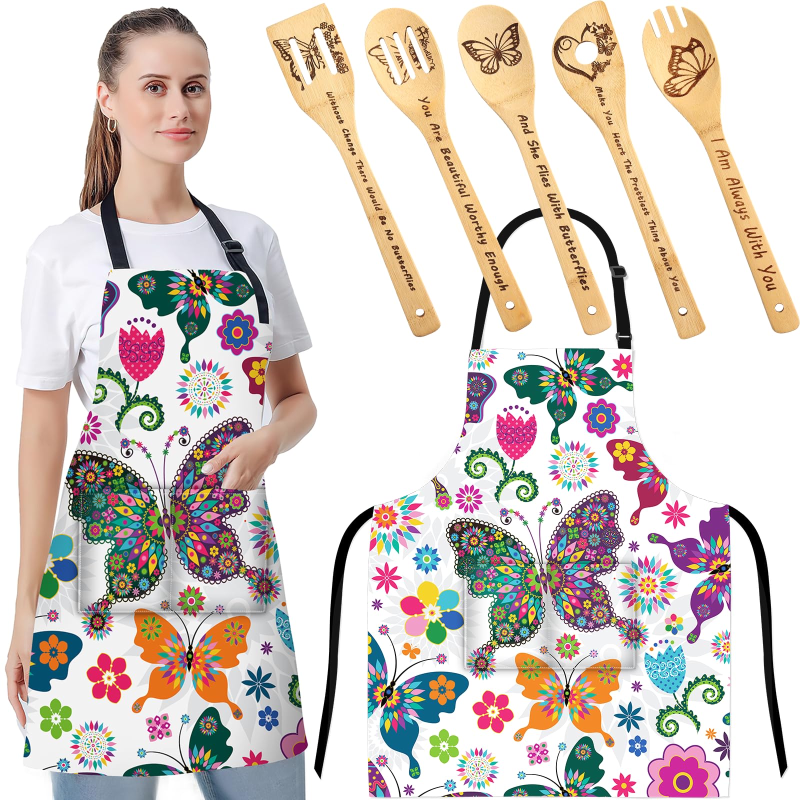 Abuela's Kitchen Deluxe Butterfly Apron & Laser-Etched Bamboo Spoon Set