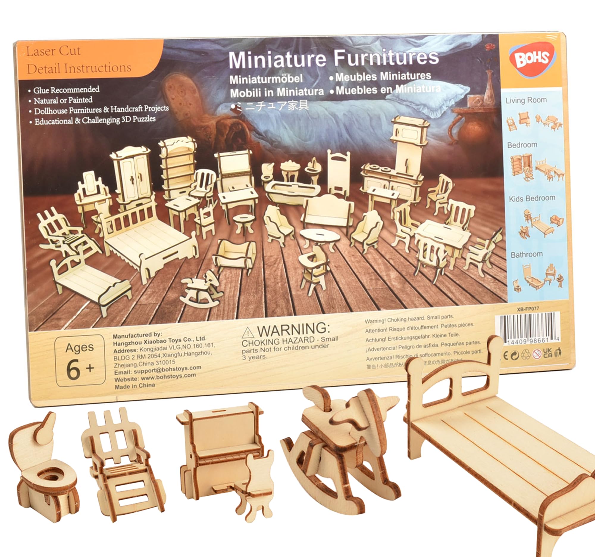 Bilingual Bedtime 3D Wooden Dollhouse Furniture Puzzle – 34pc Set