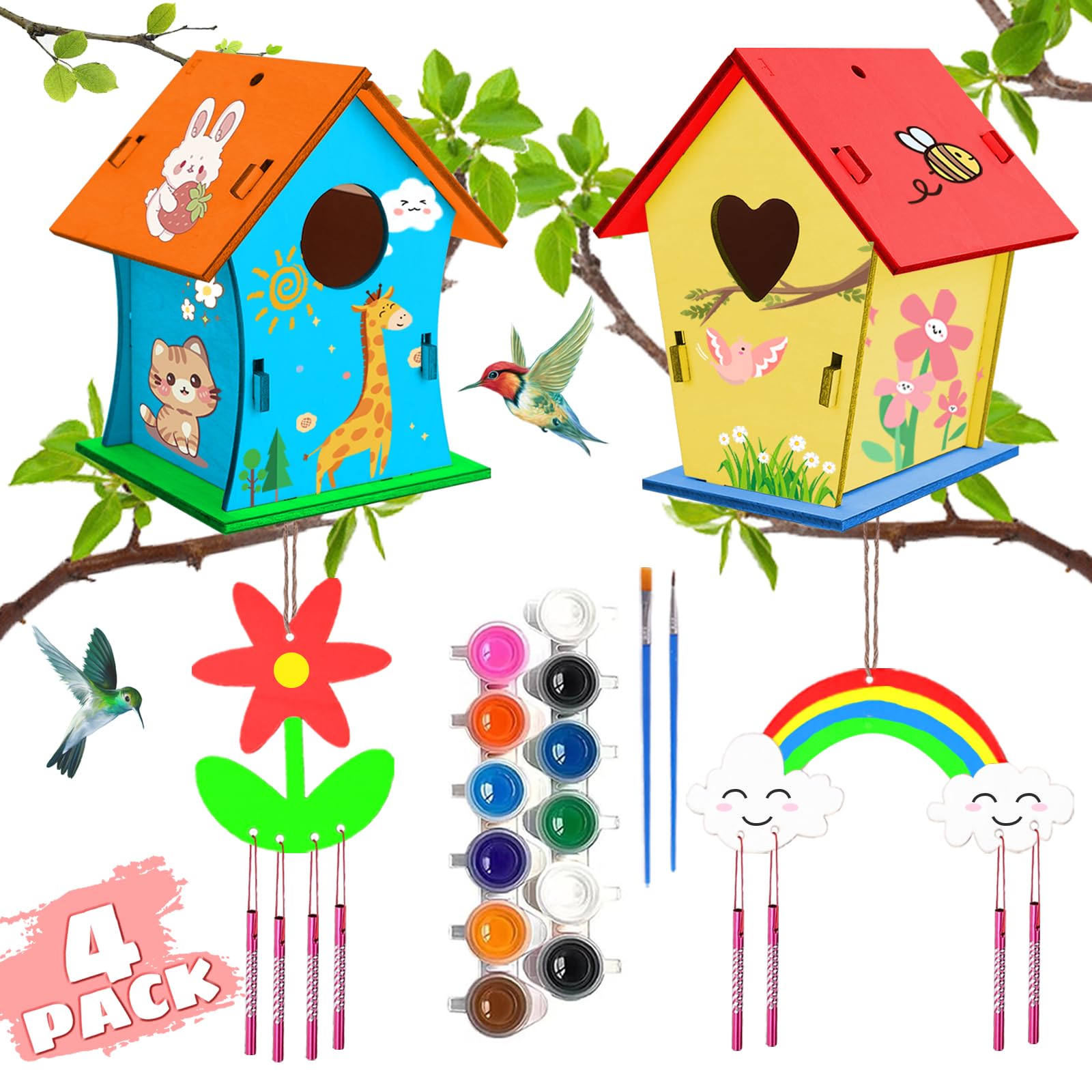 Bilingual Family DIY Wooden Birdhouse & Wind Chime Craft Kit – 4-Pack Bundle Set